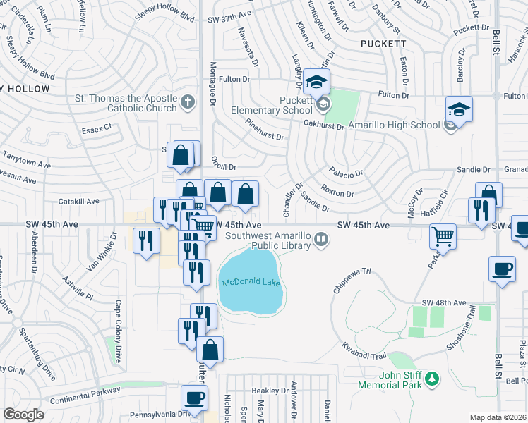 map of restaurants, bars, coffee shops, grocery stores, and more near 4329 Alicia Drive in Amarillo