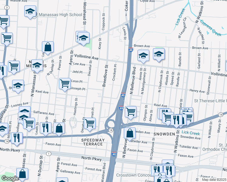map of restaurants, bars, coffee shops, grocery stores, and more near 854 Crockett Place in Memphis