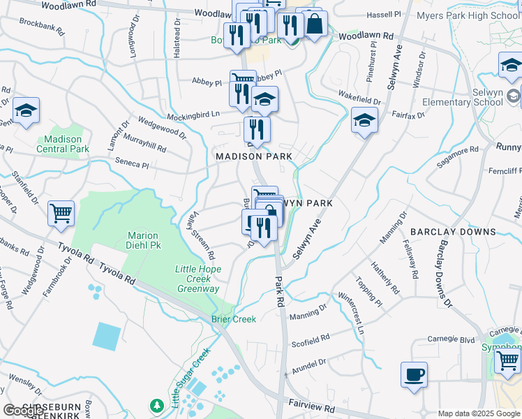 map of restaurants, bars, coffee shops, grocery stores, and more near 1465 Cortland Road West in Charlotte