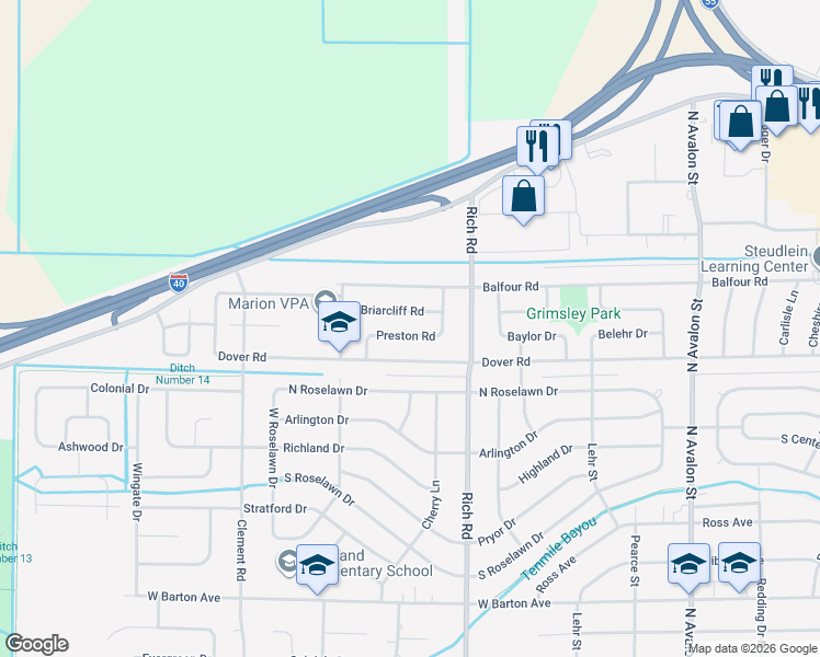 map of restaurants, bars, coffee shops, grocery stores, and more near 815 Briarcliff Road in West Memphis