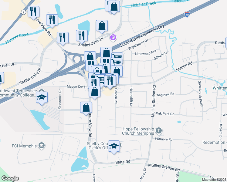 map of restaurants, bars, coffee shops, grocery stores, and more near 6195 Macon Road in Memphis