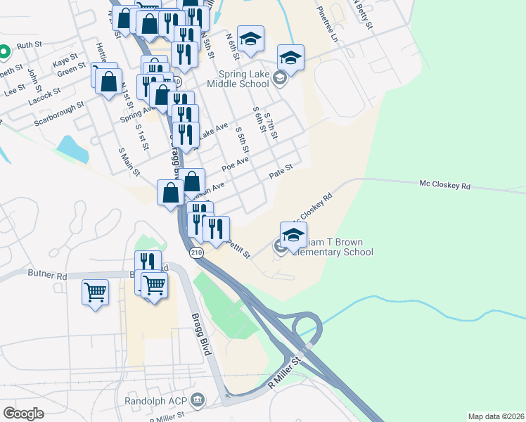map of restaurants, bars, coffee shops, grocery stores, and more near 405 Harrill Circle in Spring Lake
