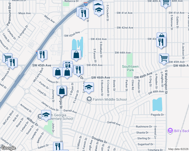 map of restaurants, bars, coffee shops, grocery stores, and more near 4432 South Fannin Street in Amarillo