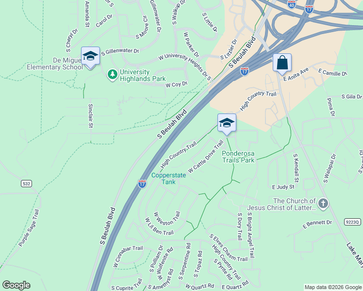 map of restaurants, bars, coffee shops, grocery stores, and more near 300 High Country Trail in Flagstaff