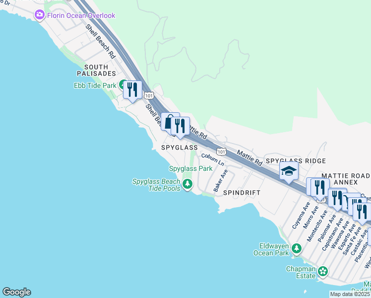 map of restaurants, bars, coffee shops, grocery stores, and more near 2665 Shell Beach Road in Pismo Beach