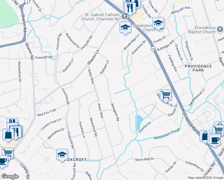 map of restaurants, bars, coffee shops, grocery stores, and more near 3751 Abingdon Road in Charlotte