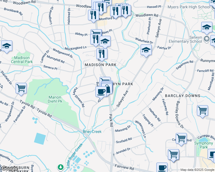 map of restaurants, bars, coffee shops, grocery stores, and more near in Charlotte