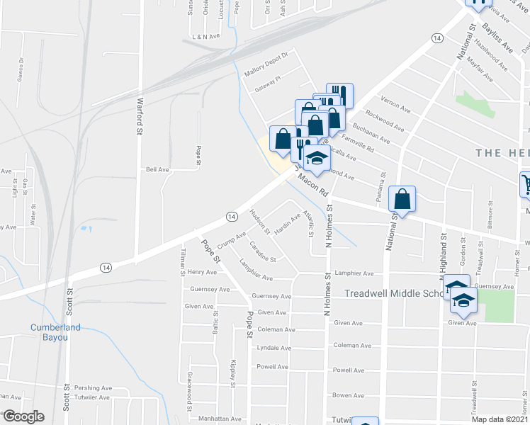 map of restaurants, bars, coffee shops, grocery stores, and more near 3159 Jackson Avenue in Memphis
