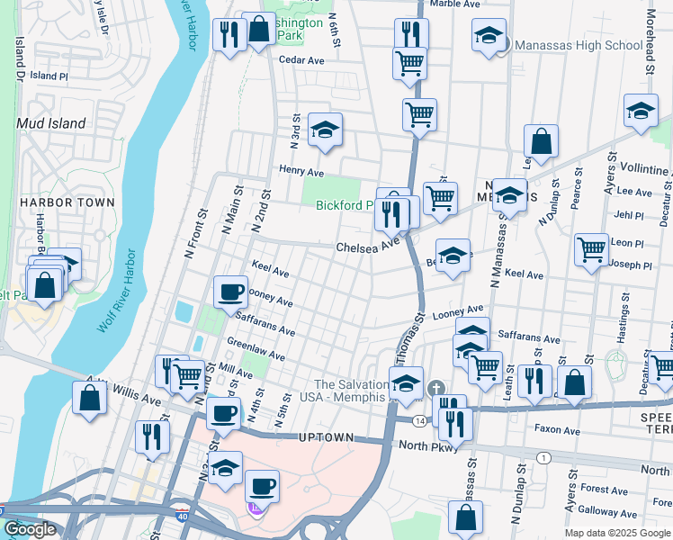 map of restaurants, bars, coffee shops, grocery stores, and more near 247 Chelsea Avenue in Memphis