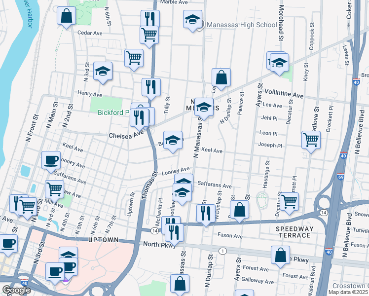 map of restaurants, bars, coffee shops, grocery stores, and more near 739 Bethel Avenue in Memphis