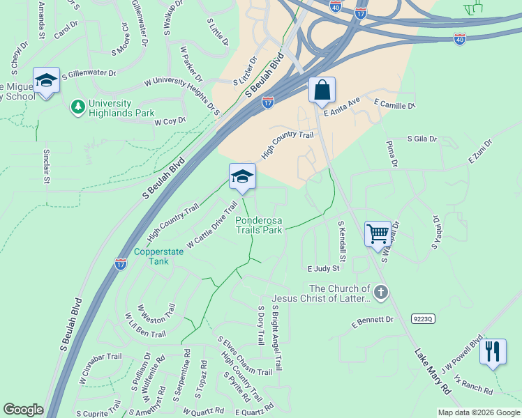 map of restaurants, bars, coffee shops, grocery stores, and more near 3834 South Wild West Trail in Flagstaff