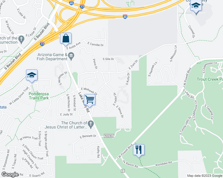 map of restaurants, bars, coffee shops, grocery stores, and more near 3733 South Yaqui Drive in Flagstaff