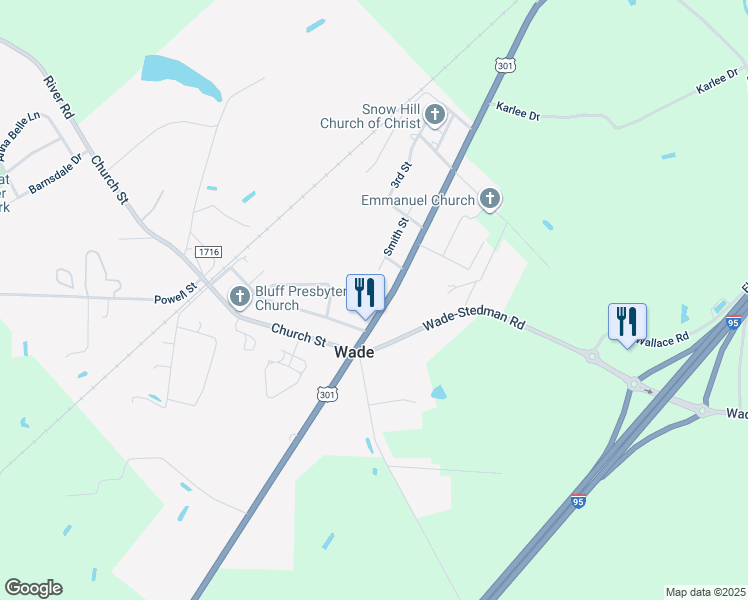 map of restaurants, bars, coffee shops, grocery stores, and more near 7235 Main Street in Wade