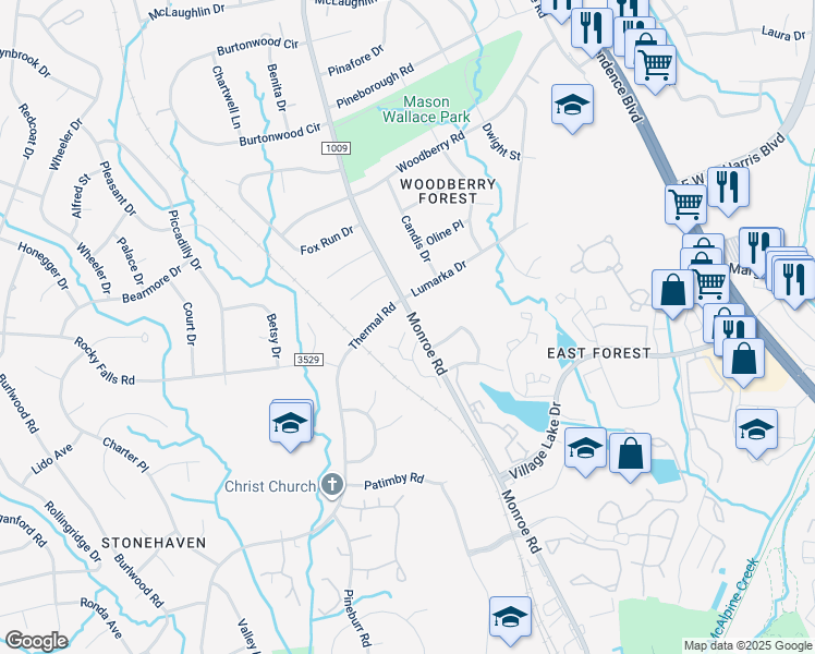 map of restaurants, bars, coffee shops, grocery stores, and more near 7802 Hummingbird Lane in Charlotte