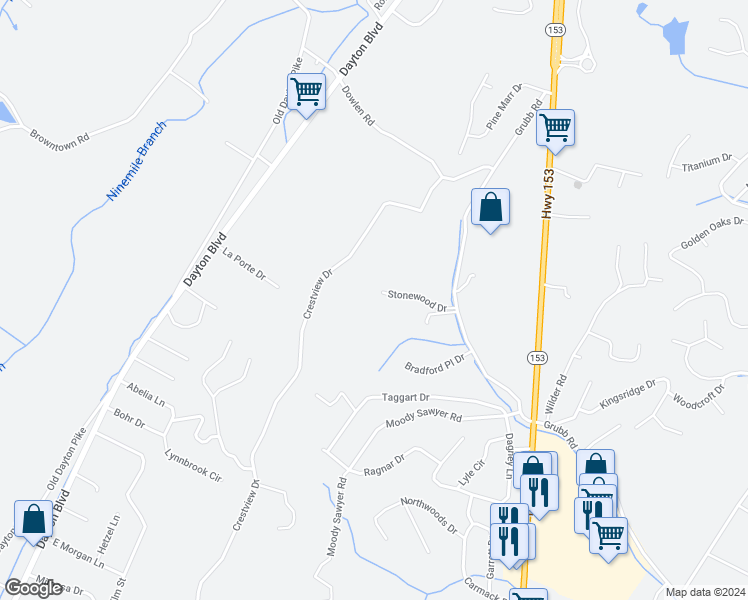 map of restaurants, bars, coffee shops, grocery stores, and more near 301 Stonewood Drive in Chattanooga