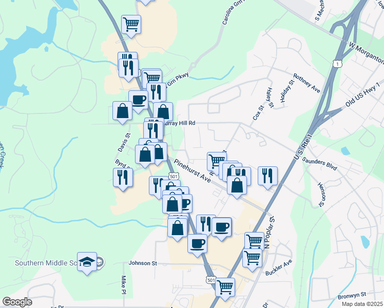 map of restaurants, bars, coffee shops, grocery stores, and more near 7 Perry Drive in Southern Pines