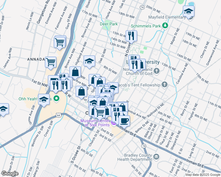 map of restaurants, bars, coffee shops, grocery stores, and more near 433 North Ocoee Street in Cleveland