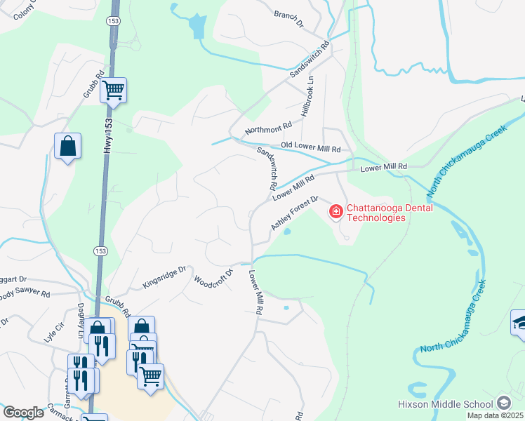 map of restaurants, bars, coffee shops, grocery stores, and more near 956 Lower Mill Road in Chattanooga