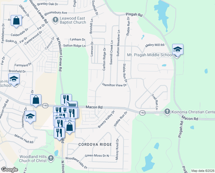 map of restaurants, bars, coffee shops, grocery stores, and more near 10255 Hamilton Drive in Shelby County