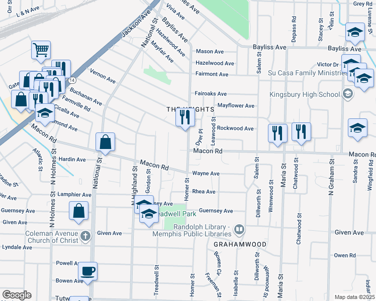 map of restaurants, bars, coffee shops, grocery stores, and more near Homer St & Macon Rd in Memphis