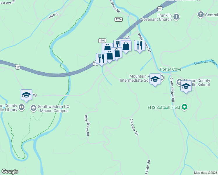 map of restaurants, bars, coffee shops, grocery stores, and more near 14 Windsong Lane in Franklin