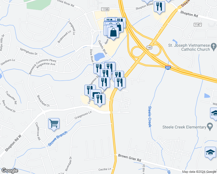 map of restaurants, bars, coffee shops, grocery stores, and more near 9424 Steele Creek Road in Charlotte