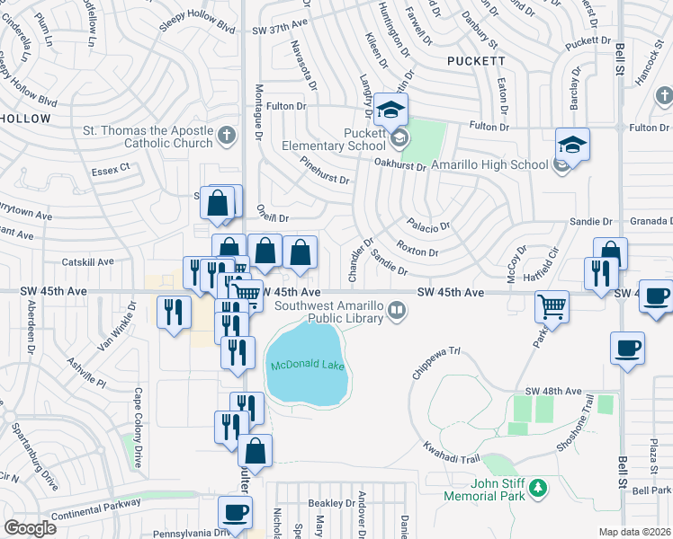 map of restaurants, bars, coffee shops, grocery stores, and more near 4329 Alicia Drive in Amarillo
