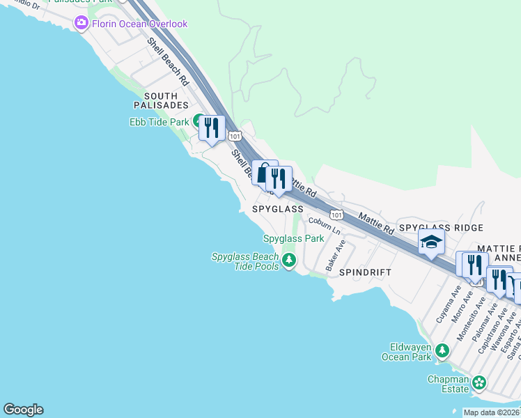 map of restaurants, bars, coffee shops, grocery stores, and more near 2703 Spyglass Drive in Pismo Beach