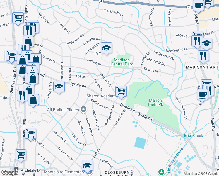 map of restaurants, bars, coffee shops, grocery stores, and more near 501 Prentice Place in Charlotte