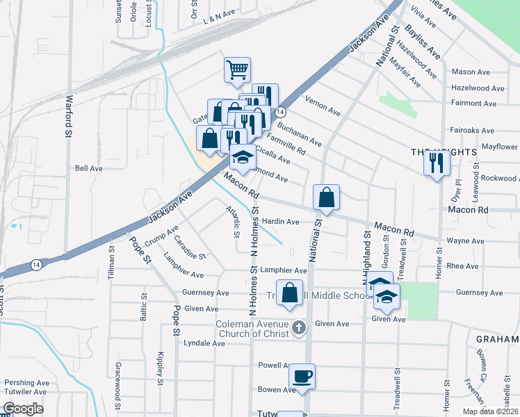 map of restaurants, bars, coffee shops, grocery stores, and more near 1128 North Holmes Street in Memphis