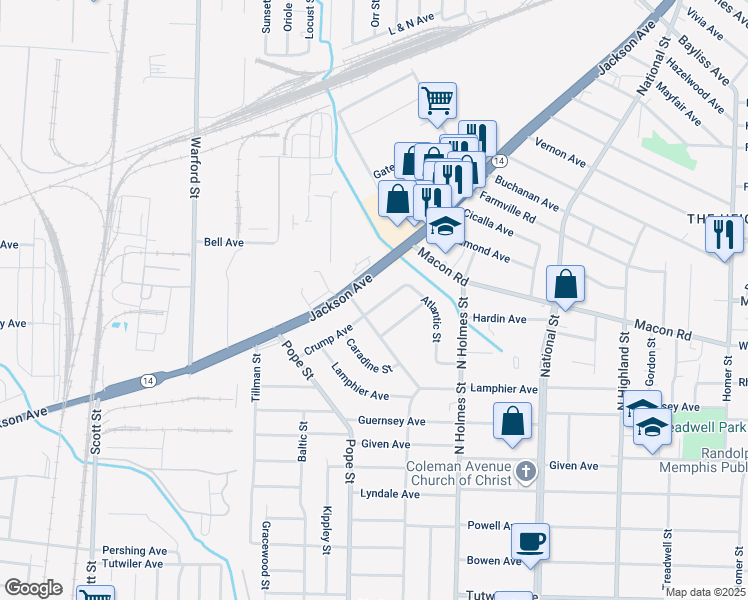 map of restaurants, bars, coffee shops, grocery stores, and more near 3159 Jackson Avenue in Memphis