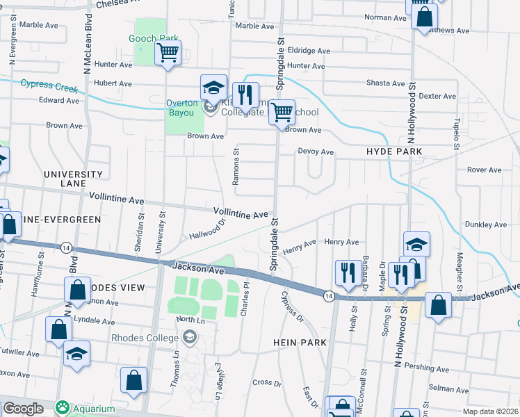 map of restaurants, bars, coffee shops, grocery stores, and more near 2171 Albany Avenue in Memphis