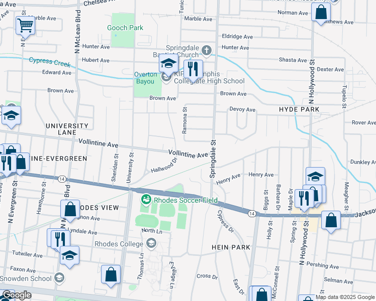map of restaurants, bars, coffee shops, grocery stores, and more near 2127 Albany Avenue in Memphis