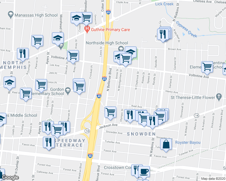map of restaurants, bars, coffee shops, grocery stores, and more near 872 North Bellevue Boulevard in Memphis