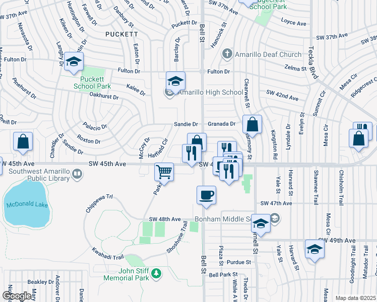 map of restaurants, bars, coffee shops, grocery stores, and more near 6100 Southwest 45th Avenue in Amarillo