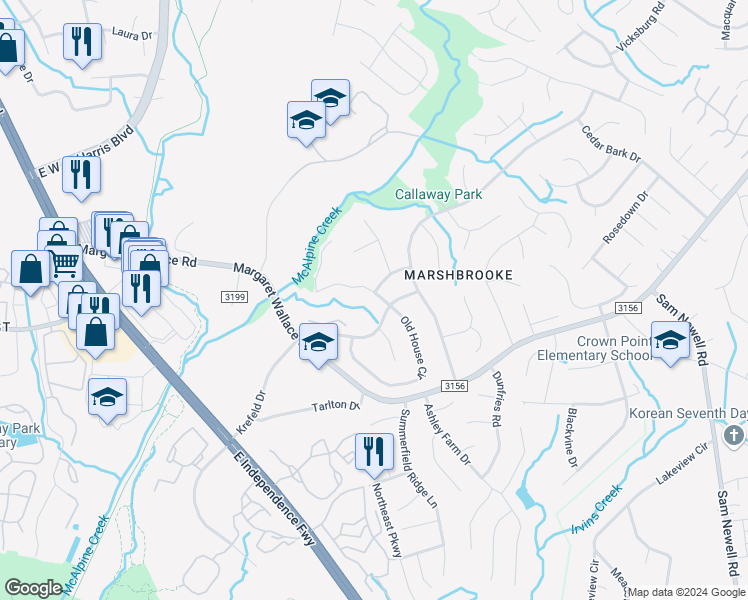 map of restaurants, bars, coffee shops, grocery stores, and more near 2830 Old House Circle in Matthews