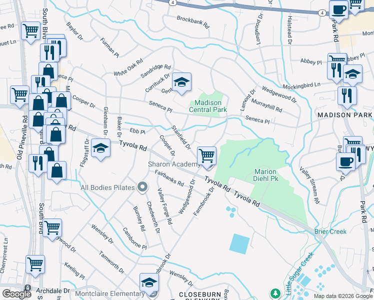 map of restaurants, bars, coffee shops, grocery stores, and more near 501 Prentice Place in Charlotte