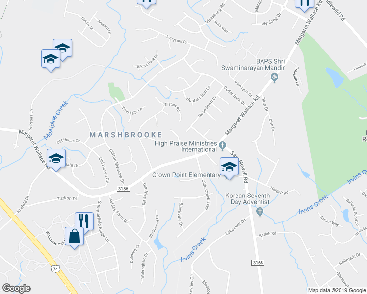 map of restaurants, bars, coffee shops, grocery stores, and more near 3409 Fortis Lane in Matthews