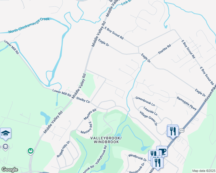 map of restaurants, bars, coffee shops, grocery stores, and more near 1606 Brook Manor Drive in Chattanooga