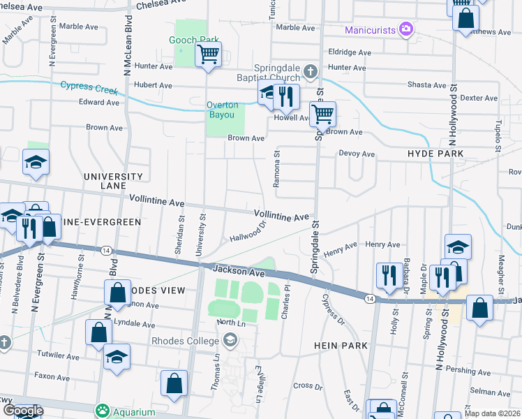 map of restaurants, bars, coffee shops, grocery stores, and more near 2082 Vollintine Avenue in Memphis