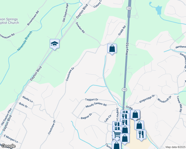 map of restaurants, bars, coffee shops, grocery stores, and more near 314 Stonewood Drive in Chattanooga