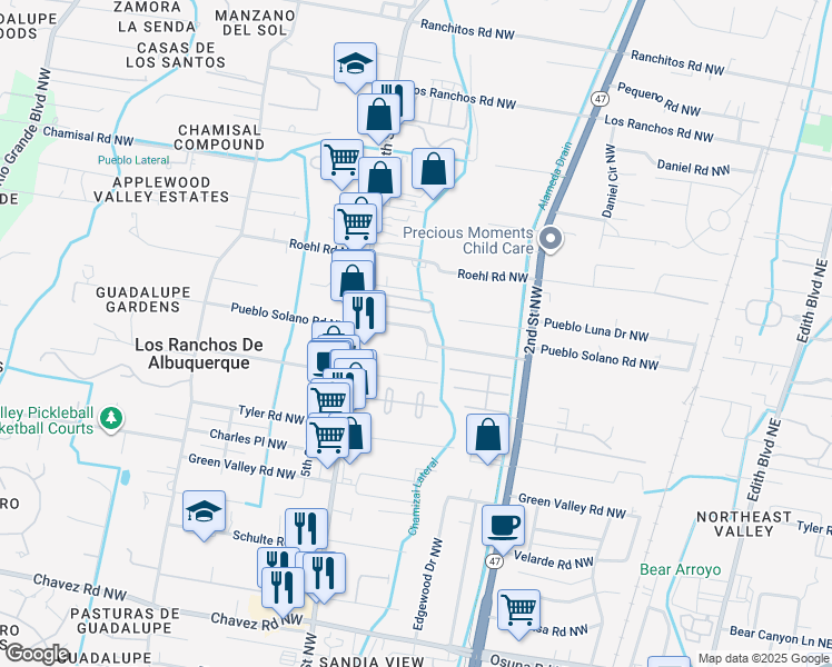 map of restaurants, bars, coffee shops, grocery stores, and more near 341 Pueblo Solano Road Northwest in Los Ranchos de Albuquerque