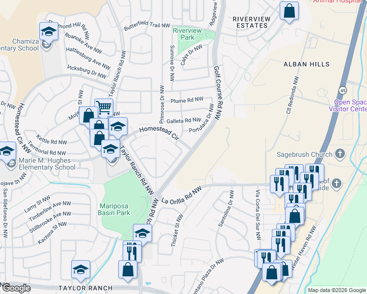map of restaurants, bars, coffee shops, grocery stores, and more near 47019 Mesa Encantada Northwest in Albuquerque