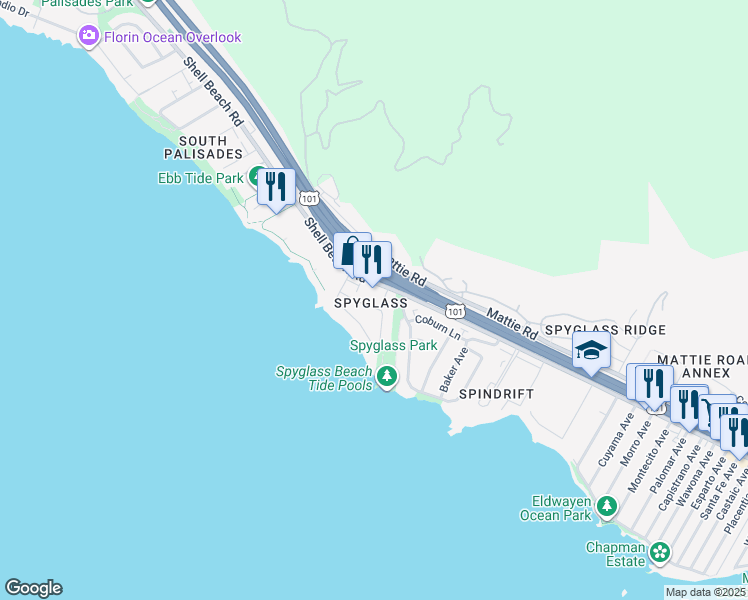 map of restaurants, bars, coffee shops, grocery stores, and more near 2665 Shell Beach Road in Pismo Beach