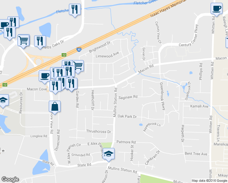 map of restaurants, bars, coffee shops, grocery stores, and more near 6394 Arrowbrook Lane in Memphis