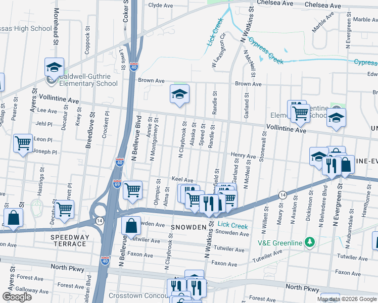 map of restaurants, bars, coffee shops, grocery stores, and more near 886 Alaska Street in Memphis