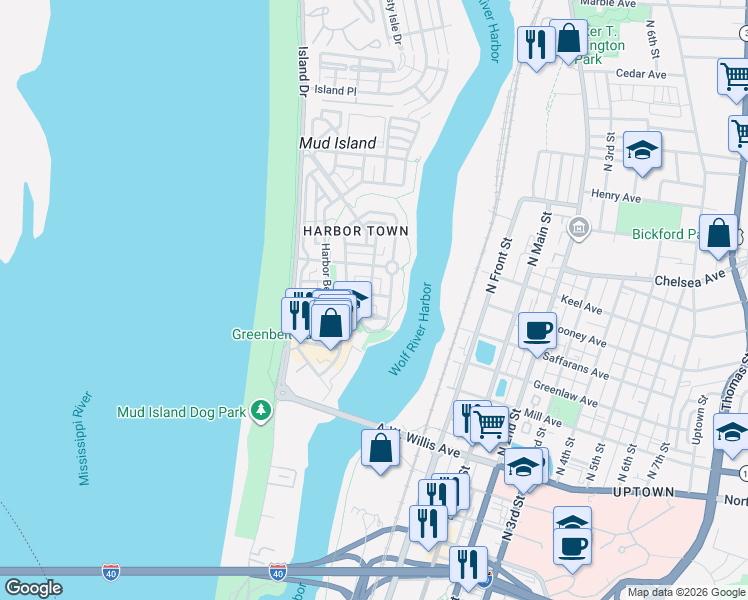 map of restaurants, bars, coffee shops, grocery stores, and more near 119 Harbor Point Lane in Memphis