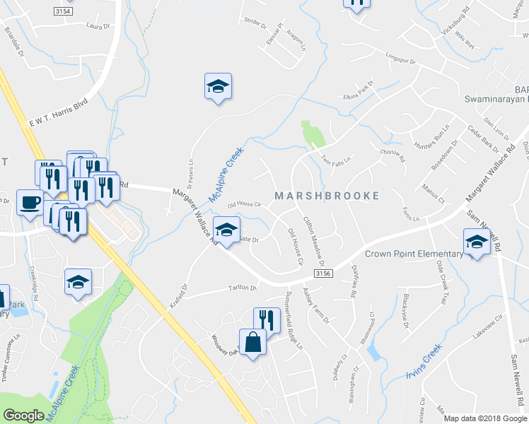 map of restaurants, bars, coffee shops, grocery stores, and more near 2826 Old House Circle in Matthews