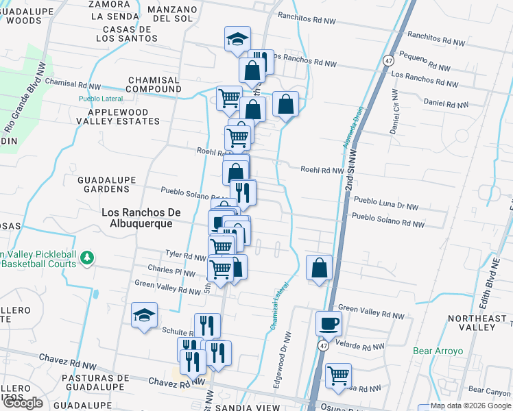 map of restaurants, bars, coffee shops, grocery stores, and more near 341 Pueblo Solano Road Northwest in Los Ranchos de Albuquerque