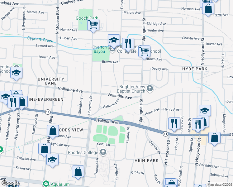 map of restaurants, bars, coffee shops, grocery stores, and more near 2082 Vollintine Avenue in Memphis